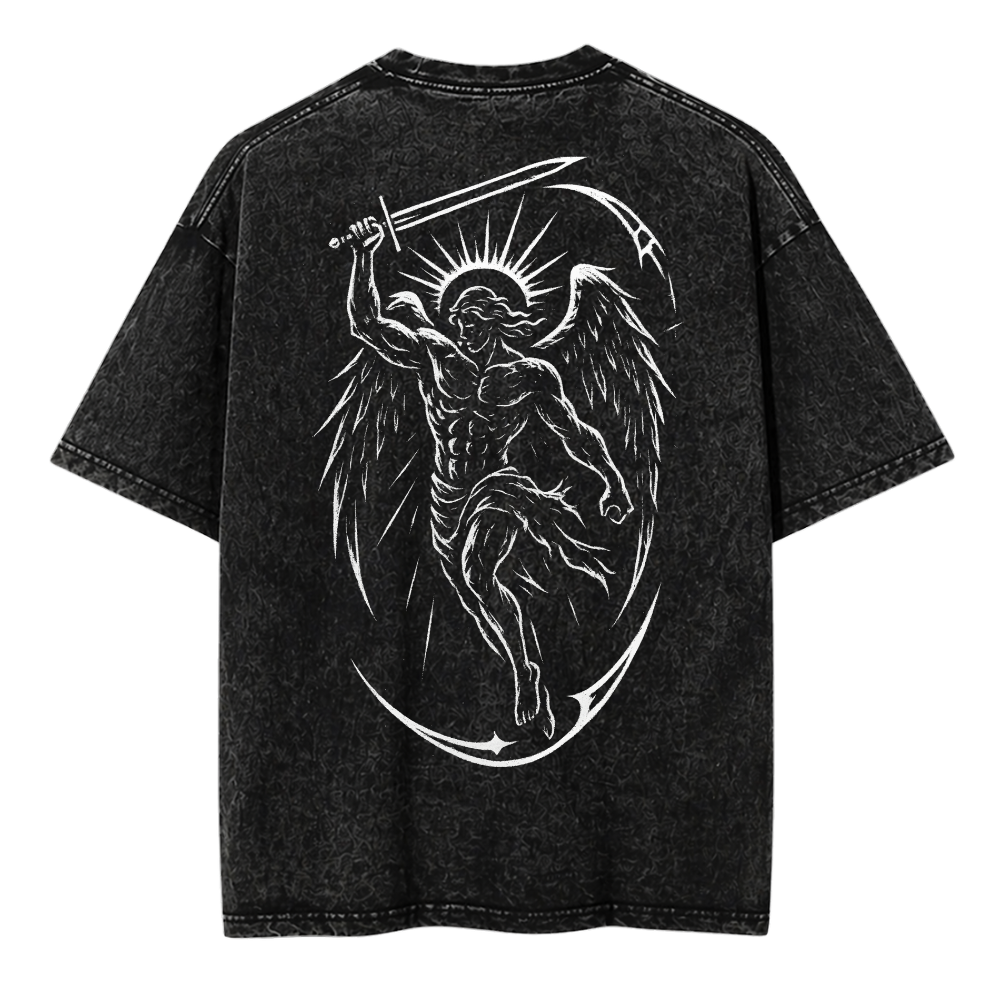 Black t-shirt with white angel graphic on the back against a white background