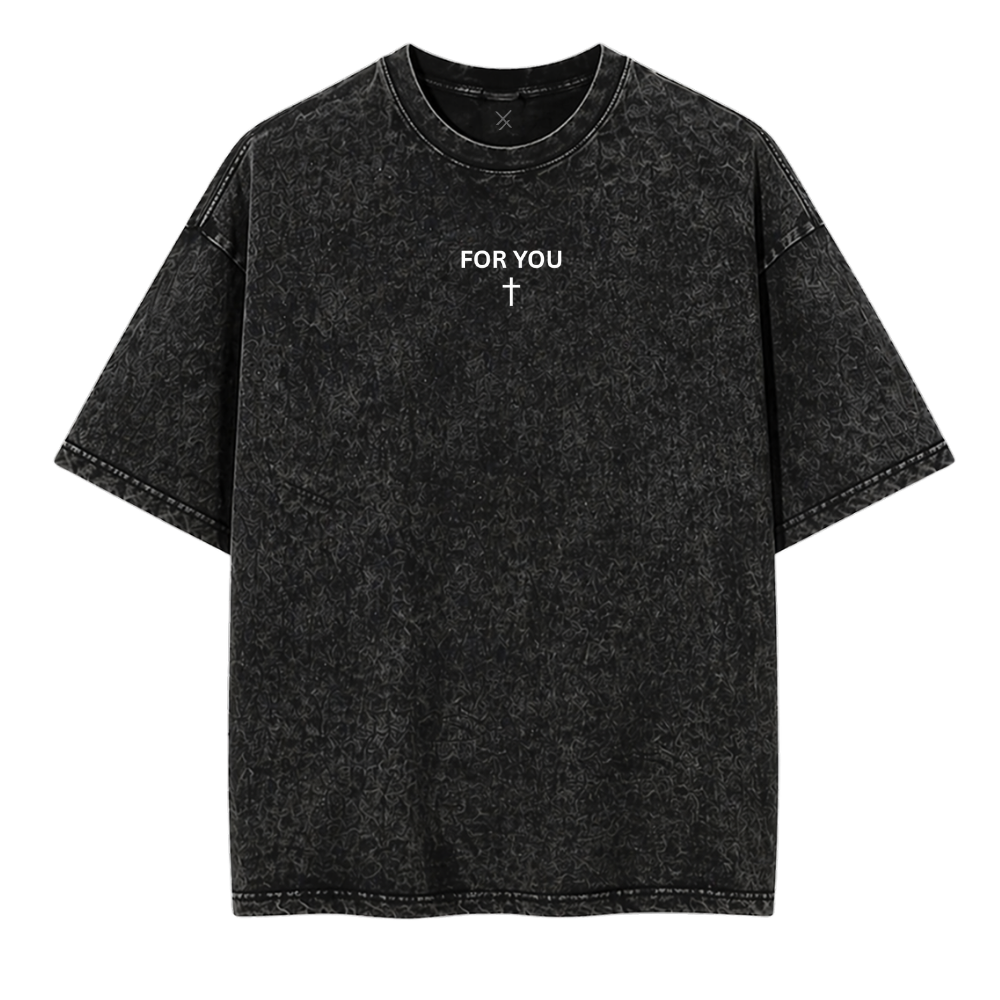 Black t-shirt with 'FOR YOU' text and cross on a white background