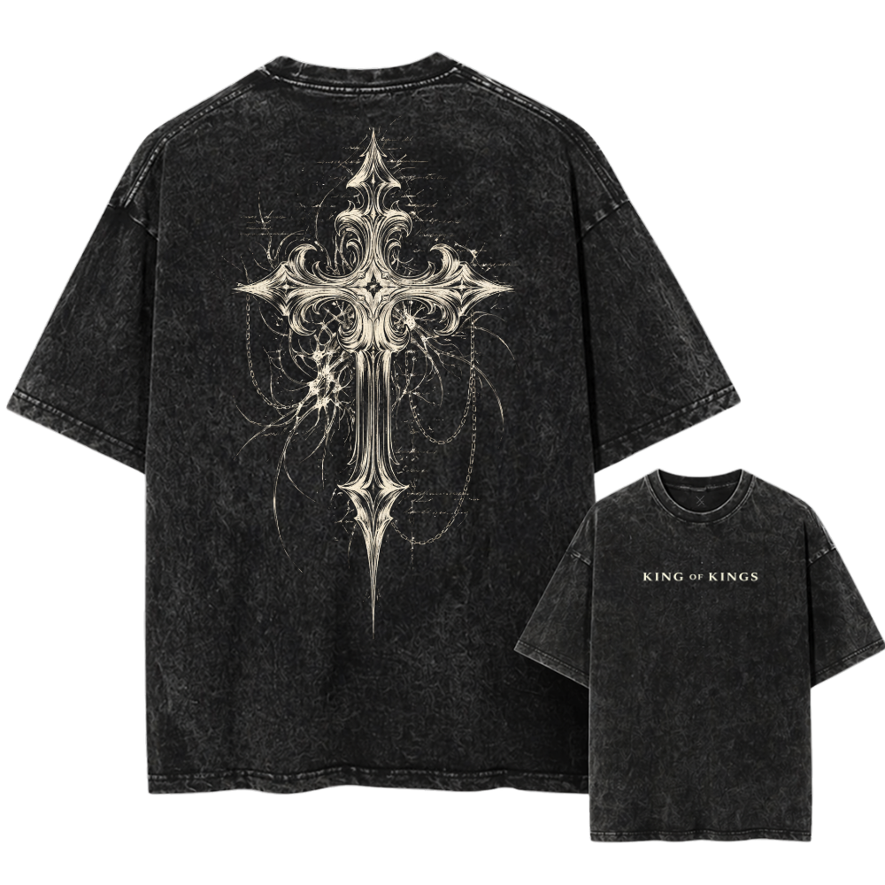 Black t-shirt with a detailed cross design on the back and 'King of Kings' text on the front, displayed on a white background.