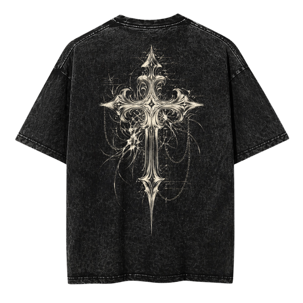 Black t-shirt with a decorative cross design on the back against a white background