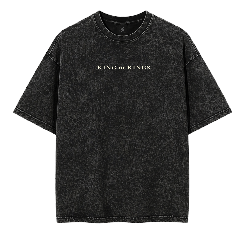 Black t-shirt with 'KING OF KINGS' text on a white background