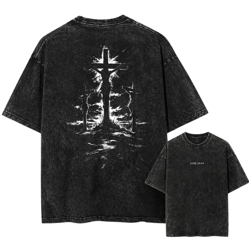 Black t-shirt with a graphic design on the front and back, displayed on a white background.