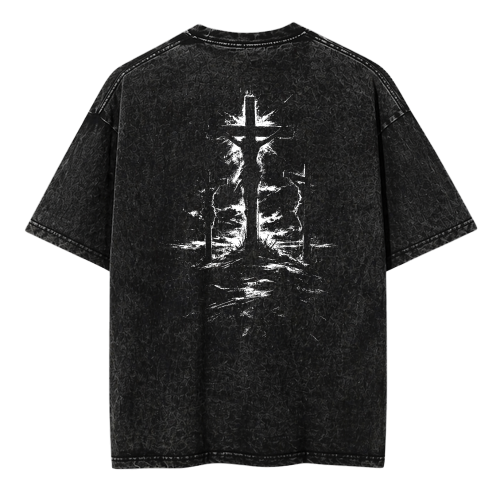 Black t-shirt with a graphic design on the back against a white background