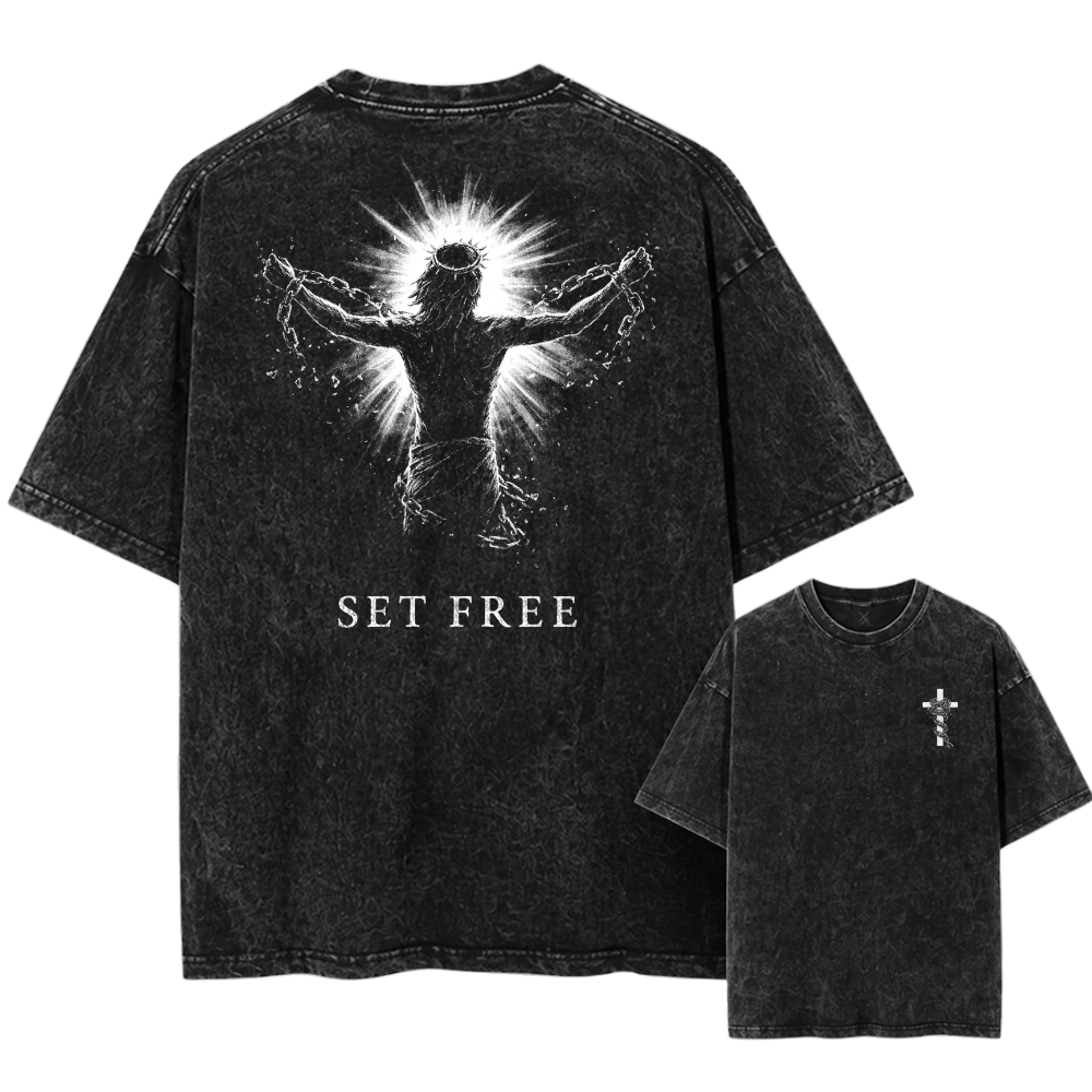 Black t-shirt with 'Set Free' design on front and back