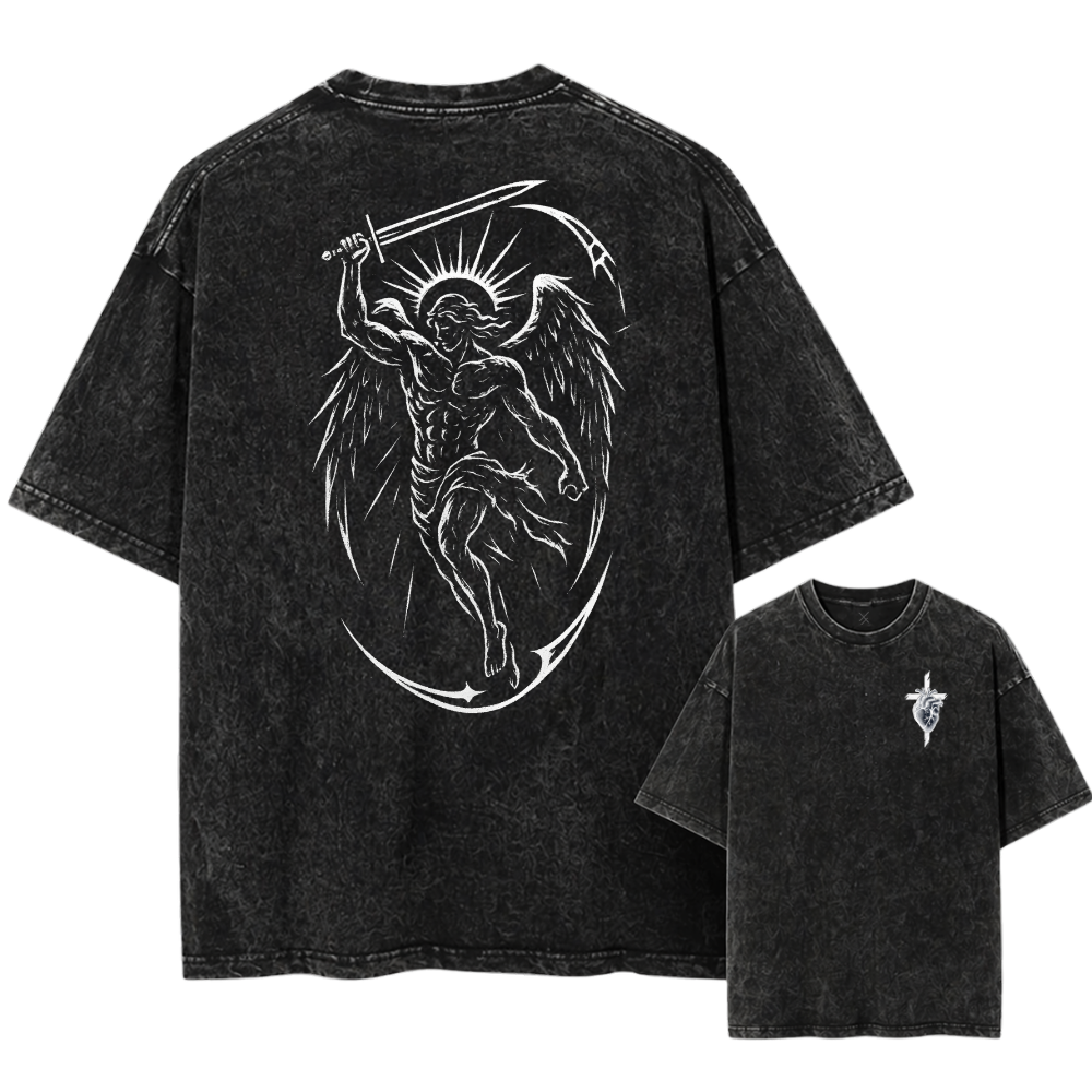 Black t-shirt with angel design on front and small logo on back, on a white background