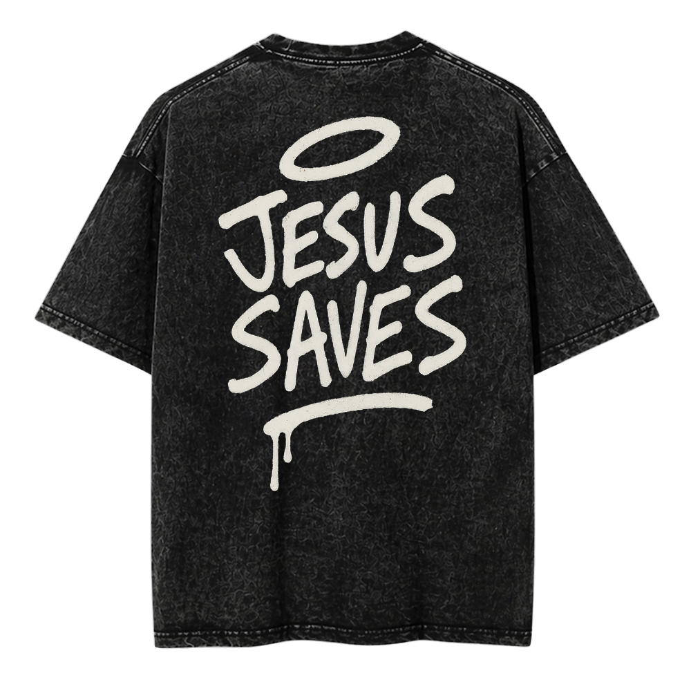 Black t-shirt with 'Jesus Saves' text on the back against a white background