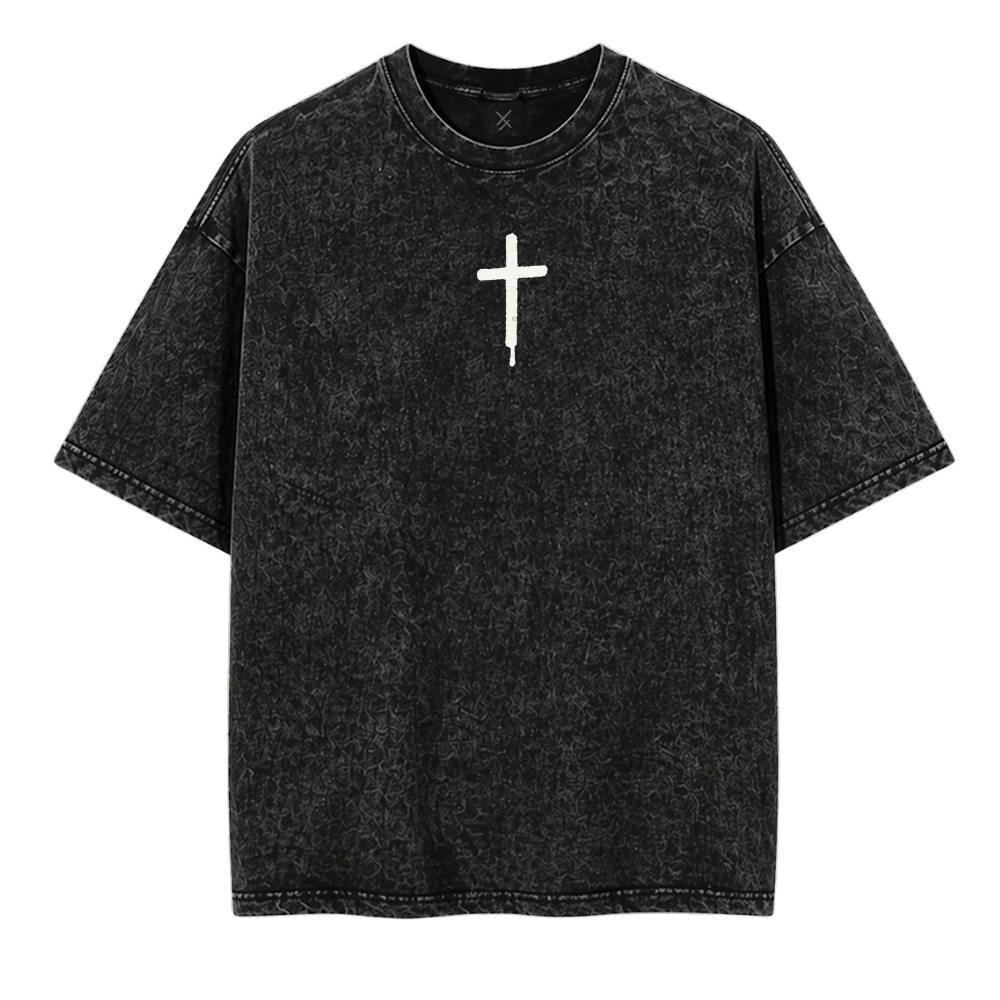 Black t-shirt with a white cross on a white background